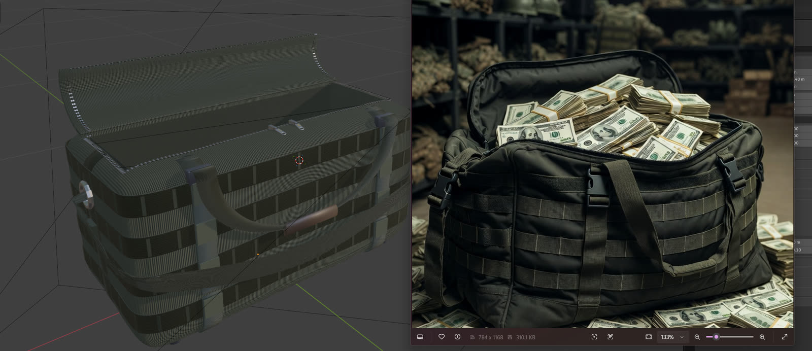 The money duffle bag modeled in Blender beside a reference photo