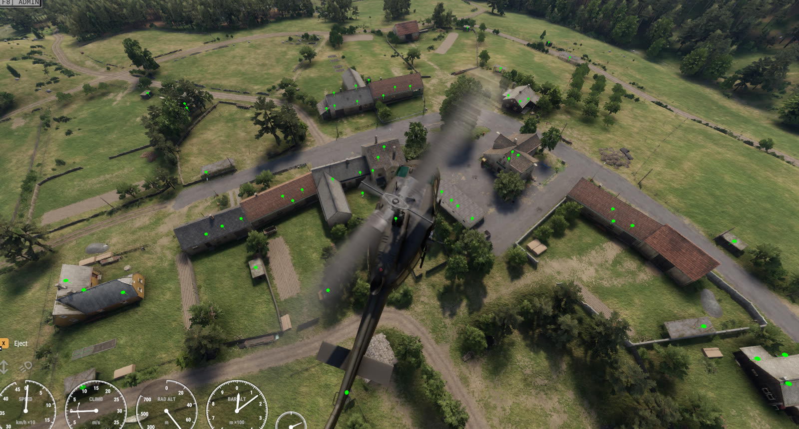 Aerial view of a village with debug loot-spawn markers