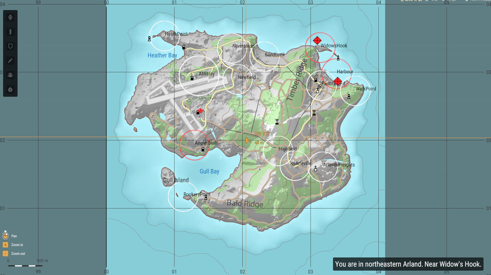 Arland map with town circles and HVT diamond markers