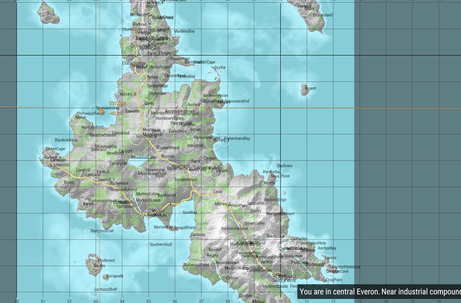 Map-agnostic town markers rendered across Everon
